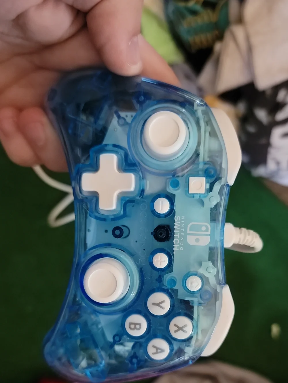 Transparent Blue Wired Game Controller with White Accents. Nintendo Switch